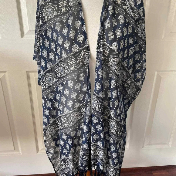 Womens Kimono Cover Up OSFM Tassels Blue Boho Hippie Longline Lagenlook Open - Picture 1 of 8